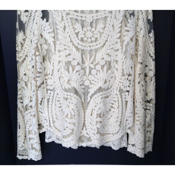 Crochet Lace Blouse M Cream Sheer Embroidered Boho Cottage Romantic Holiday Top - Picture 5 of 10